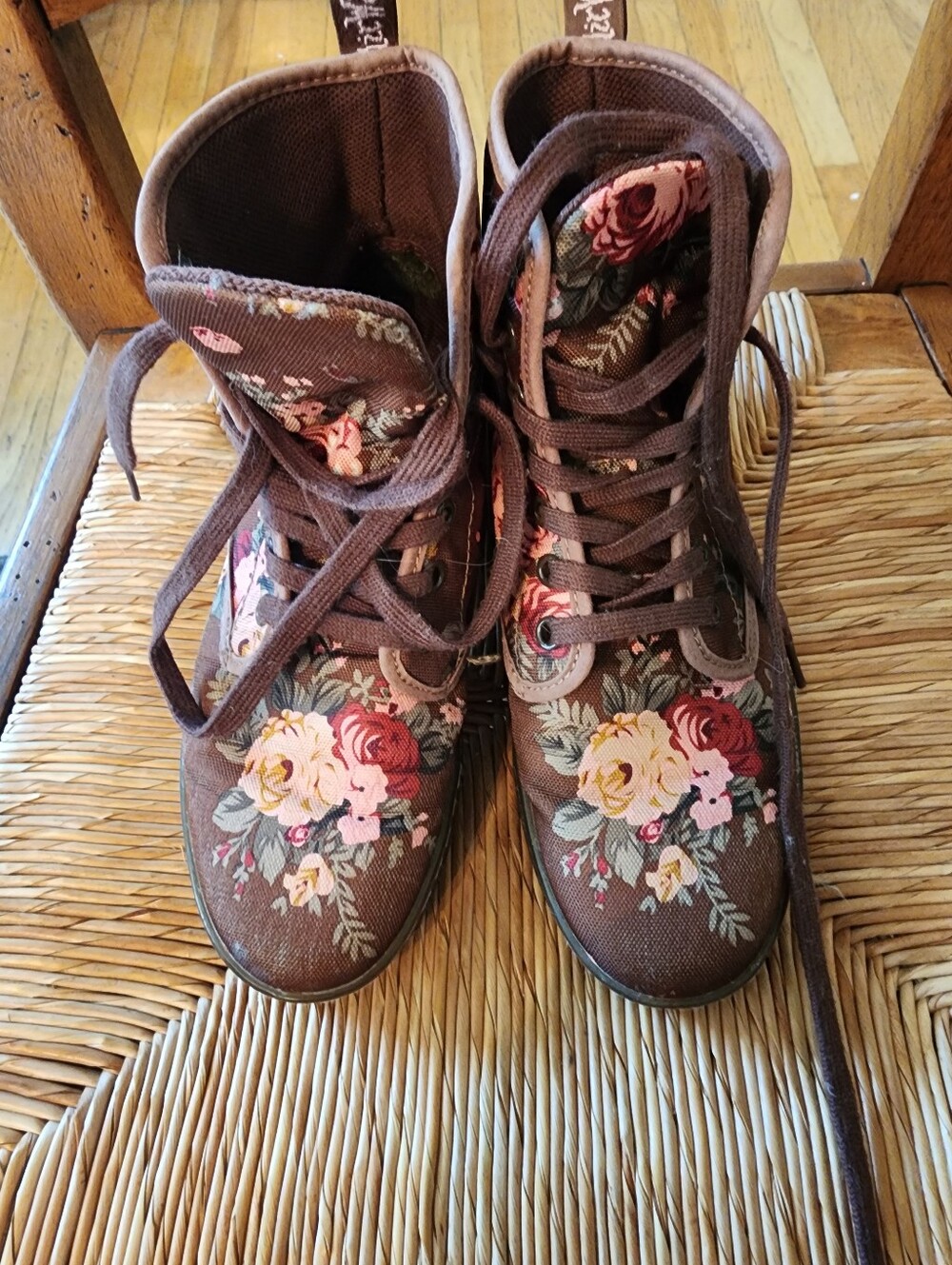 Floral High-Top Canvas Sneakers for Women - Brown with Pink & Red Flower Print